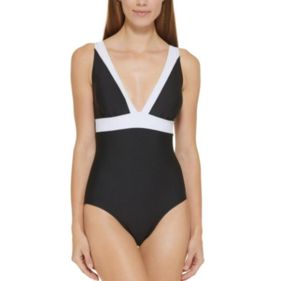 DKNY Plunging Colorblocked One-Piece Swimsuit Black White 8 - Picture 1 of 14